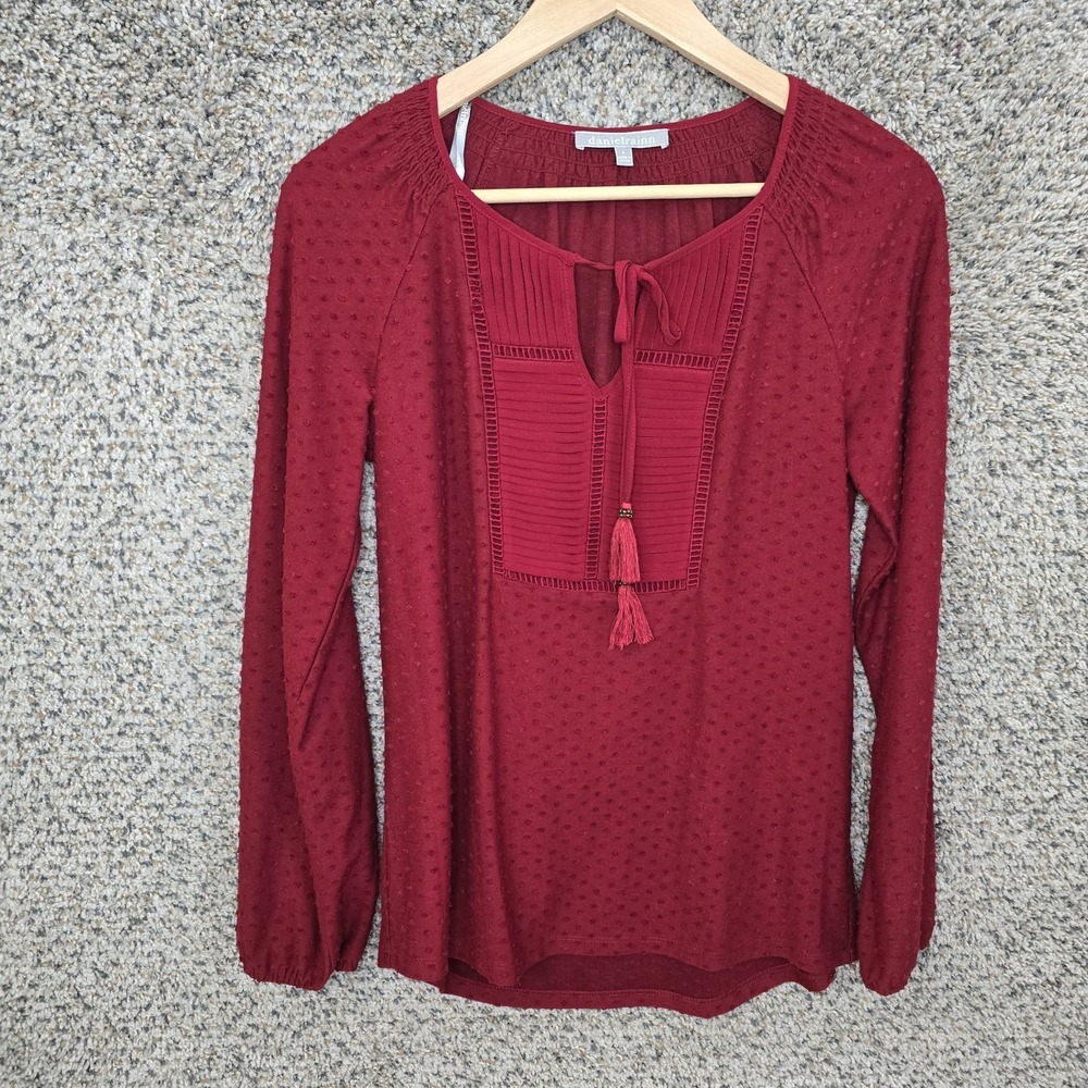 Daniel Rainn Top Womens Small Burgundy Pintuck Blouse Neck Tie Casual Ladies